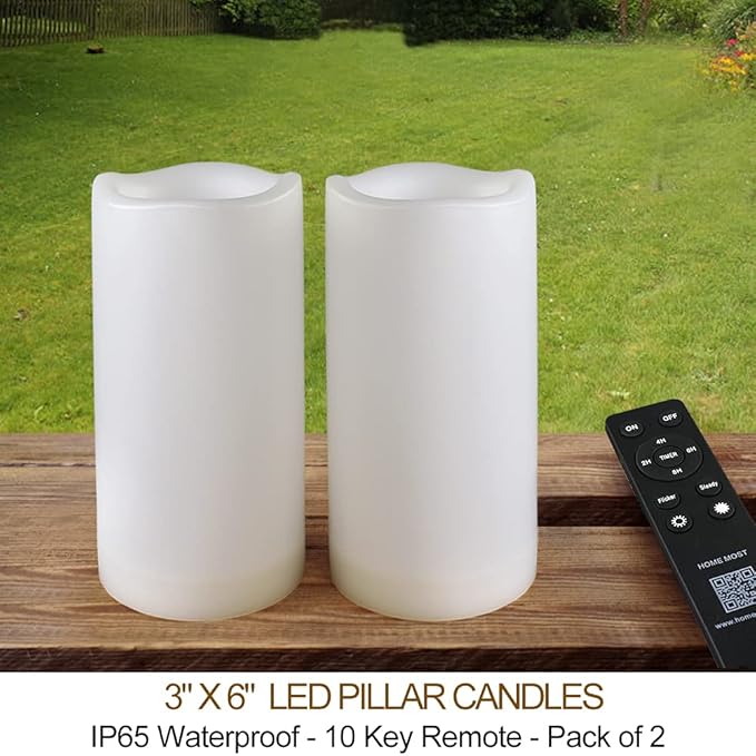 Pack of 2 White 3x6 LED Pillar Candles Outdoor IP65 Waterproof - Pillar Candles Battery Powered with Timer and Remote - Battery Operated Unscented Outdoor Flameless Candles Flickering