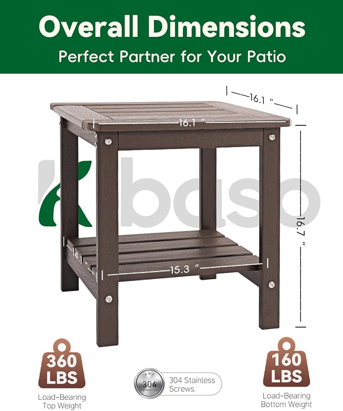 Kibaso-Adirondack Outdoor Side Table, 2-Tier HDPE Outdoor End Table, Weather Resistant Easy Maintenance, Small Patio Side Table for Patio, Pool, Porch, Garden, Lawn, and Living Room (2, Coffee Brown)