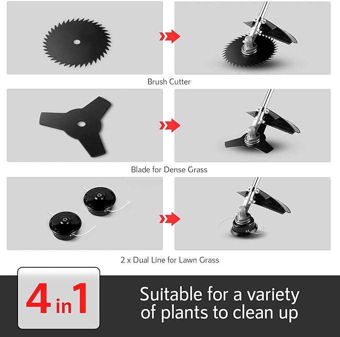 58CC Gas Powered Weed Wacker, 4-in-1 Cordless String Trimmer Brush Cutter, 2-Cycle Straight Shaft Grass Trimmer for Lawn and Garden Care Trimming