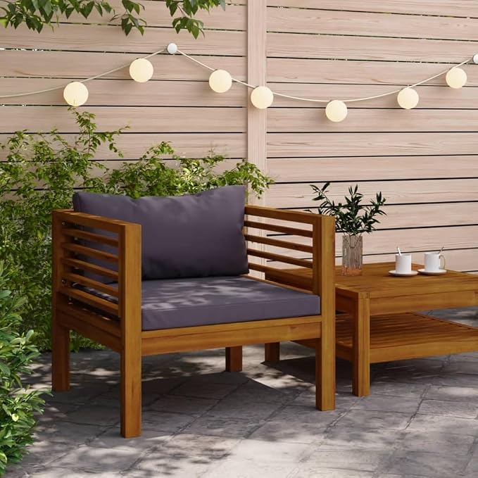 Patio Armchair with Dark Gray Cushions, Solid Acacia Wood Chair, Wooden Patio Chair Outside Chair Outdoor Dining Chair Patio Club Chair with Armrest for Porch, Deck, Backyard,-432