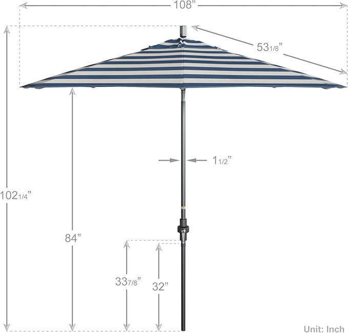 California Umbrella 9' Rd. Crank Lift, Collar Tilt, Aluminum Pole, Fiberglass Rib Patio Umbrella, Hammertone Grey Finish, Sunbrella Cabana Regatta