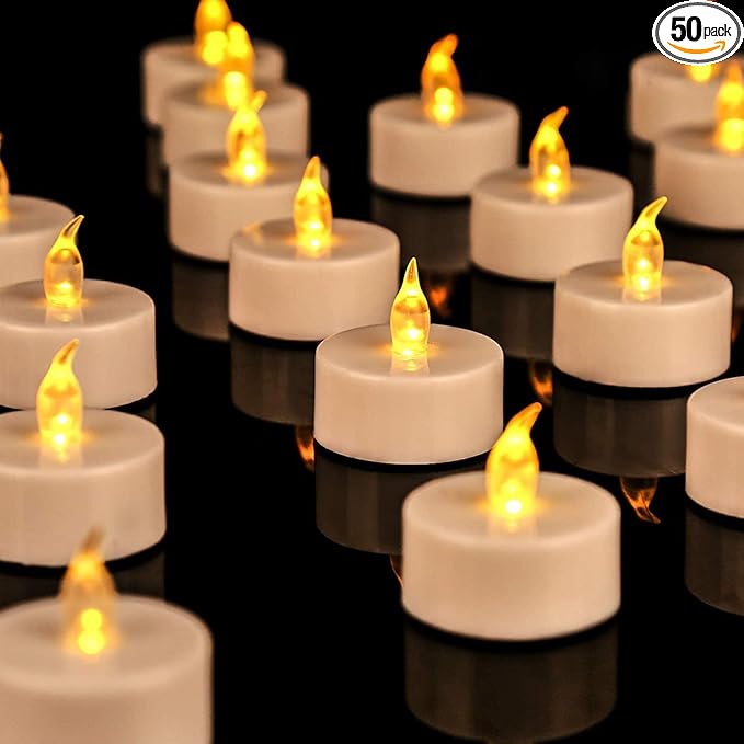 JUNPEI 50Pack Battery Tea Lights Candles- LED Tea Lights Realistic Bright Flickering Holiday Gift Operated Flameless LED Tea Light for Seasonal & Festival Celebration Warm Yellow Lamp Battery Powered