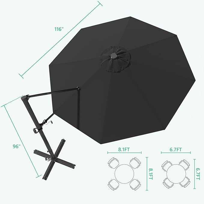 Greesum 10FT Outdoor Patio Umbrella with High Pedel and 4 Gear Heights, Large Offset Market Umbrella with 360-degree Rotation, Without Base, Hanging Outdoor Shade for Garden, Lawn, Pool, Black