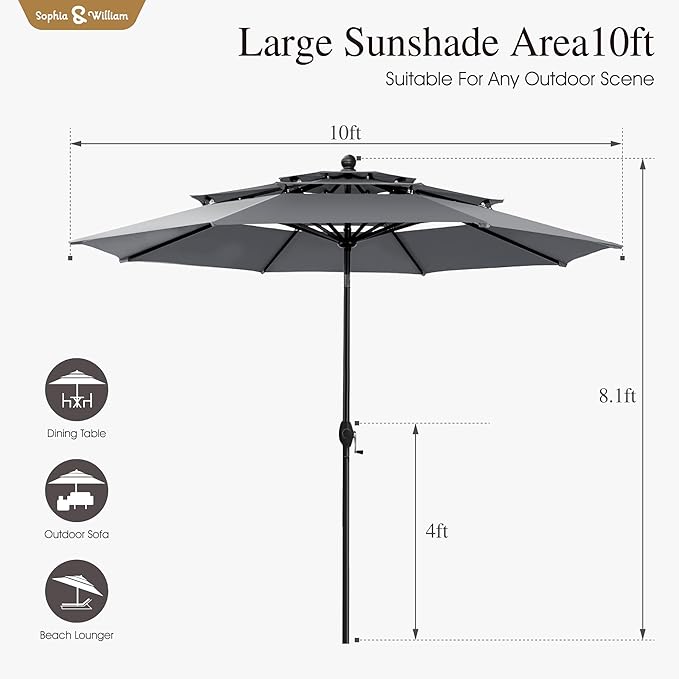 Sophia & William 10ft 3 Tier Auto-tilt Patio Umbrella,Wind Resistent,Outdoor Patio Umbrellas Double Vented Umbrella with Crank for Pool Garden Backyard, Grey