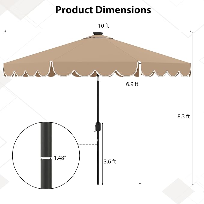 Tangkula 10FT Solar LED Patio Umbrella, 2-Tiers Scalloped Outdoor Table Market Umbrella with 24 LED Lights, Vented Top, Tilt Adjustment, Crank, 8 Ribs for Backyard Poolside Deck Beach Lawn (Coffee)
