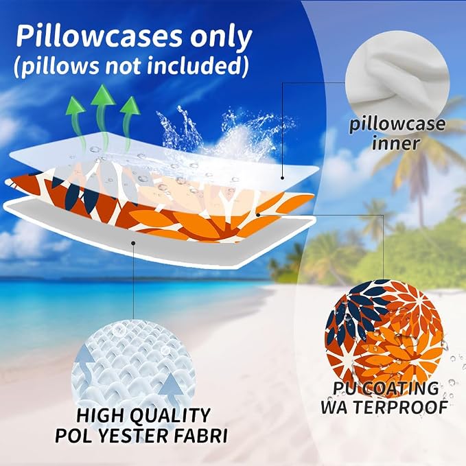DFXSZ Pack of 2 Outdoor Waterproof Throw Pillow Covers 16x16 Blue Orange | Polyester Spring Summer Fall Floral Decorative Cushion Cases(NO INSERT),For Couch Patio Funiture Garden Home Decor