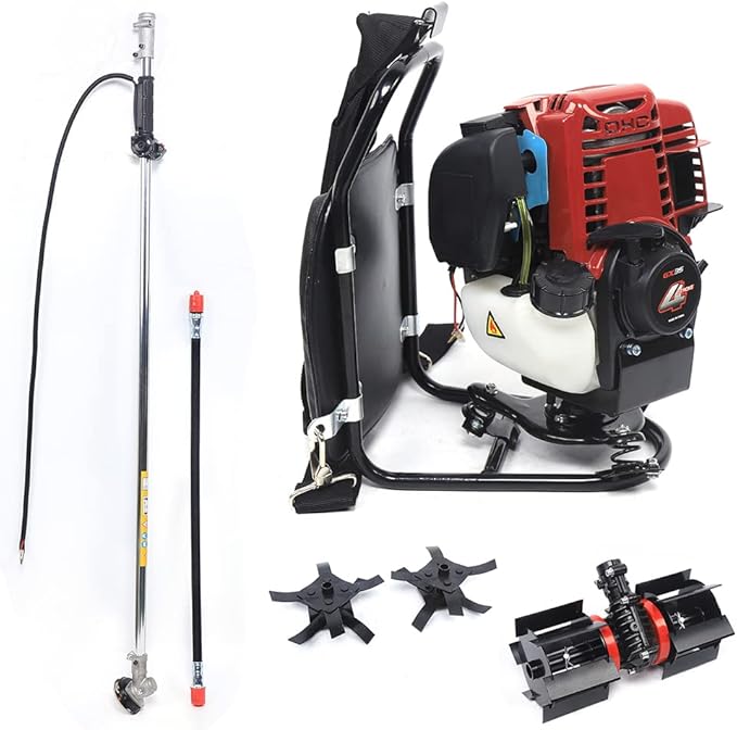 35.4cc 4-Stroke Versatile Backpack Grass Trimmer, 1.4HP Gas Powered Weed Wacker w/Shock-Absorbing Frame, Knapsack Micro Tiller Lawn Mower for Farmland Weeding, Harvesting, Clearing, Ditching
