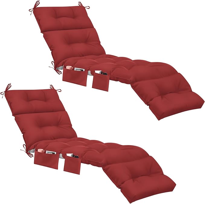 Kigley Outdoor Chaise Lounge Cushions with 3 Side Pocket 74.5 x 22 x 4.7 Inch Patio Chaise Lounge Cushion, Water-Repellent and Fade-Resistant Tufted Summer Replacement(2 Pcs,Ruby Red,Solid Color)