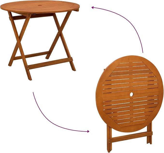 Round Folding Garden Table with Parasol Hole, 35.43 x 29.53 in, Brown, Solid Eucalyptus Wood Frame, Outdoor Patio Dining Table