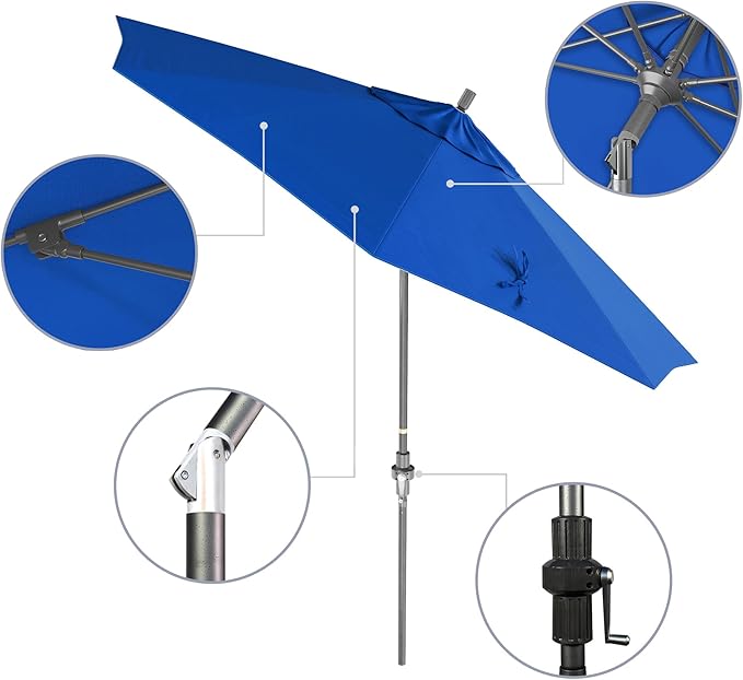 California Umbrella 9' Rd. Crank Lift, Collar Tilt, Aluminum Pole, Fiberglass Rib Patio Umbrella, Hammertone Grey Finish, Sunbrella Pacific Blue