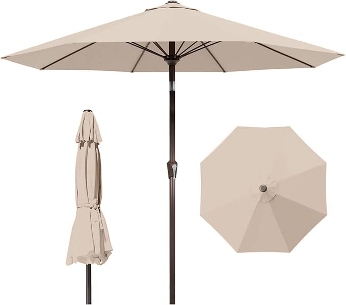 9ft Patio Umbrella with Push Button Tilt and Crank,Outdoor Market Table Umbrella UV Protection 8 Sturdy Ribs for Backyard,Garden,Pool,Deck(Beige)