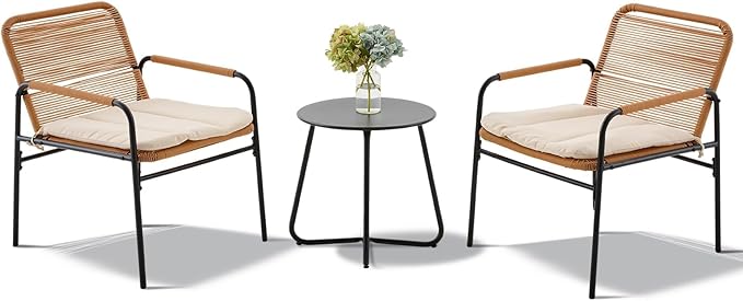 3-Piece Outdoor Wicker Patio Bistro Set, All-Weather Rattan Conversation Set, Patio Furniture Set with with Table & Cushions for Deck, Balcony, Poolside, Porch and Yard, Beige