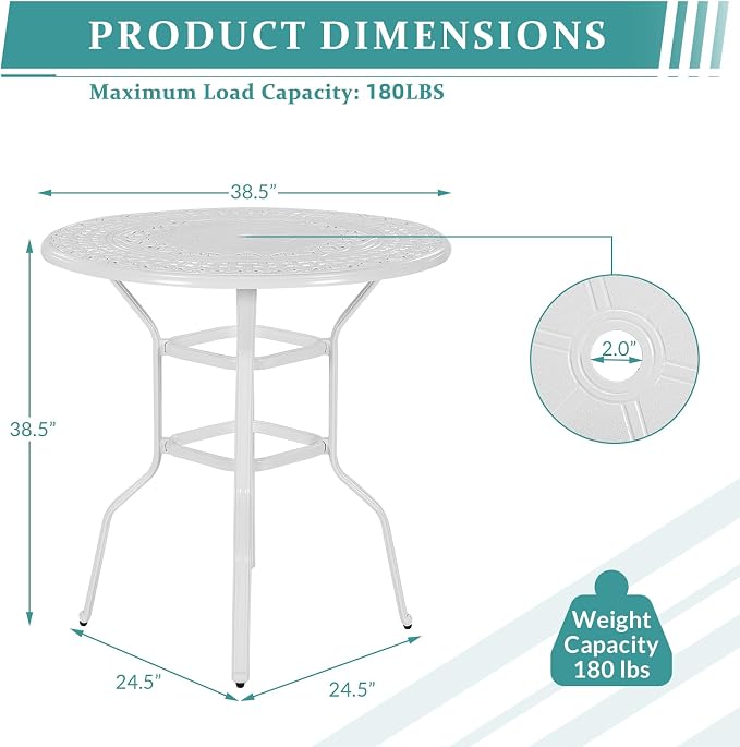 MEETWARM Patio Height Bar Table, 38.5" Bar Height Bistro Table, Outdoor Cast Aluminum Bistro Round High Top Dining Table with 2" Umbrella Hole for Garden Deck Backyard, White