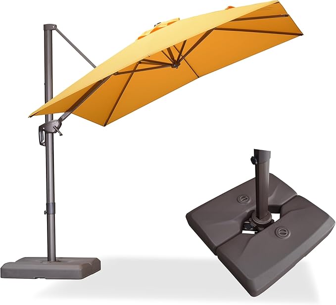 PURPLE LEAF 8' X 8' Cantilever Patio Umbrella with Base Included Antique Bronze Square Umbrella with 360° Rotation and Aluminum Offset Hanging Outdoor Umbrella for Pool Garden Backyard Deck, Yellow