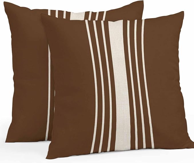 Vandarllin Outdoor Throw Pillows Covers 18x18 inch Set of 2 Waterproof Brown Vertical Stripes Decorative Zippered Cushion Covers for Patio Furniture, Classic Striped Linen Lumbar Pillowcases