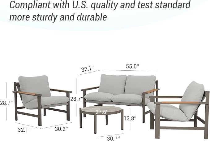 Grand patio 4-Piece Patio Conversation Set, All-Aluminum Outdoor Furniture Set with Teak-Look Armrests & Olefin Cushions, Weather-Resistant Patio Furniture for Backyard, Porch, Balcony, Deck