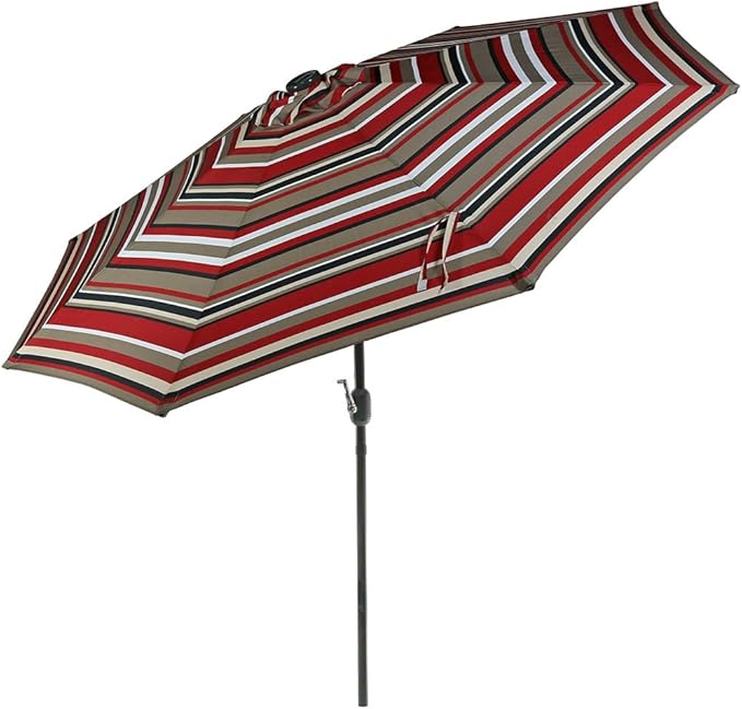 Sunnydaze 9 ft Striped Patio Umbrella with Solar Lights - Polyester LED Table Market Umbrella with Tilt and Crank - Awning Stripe