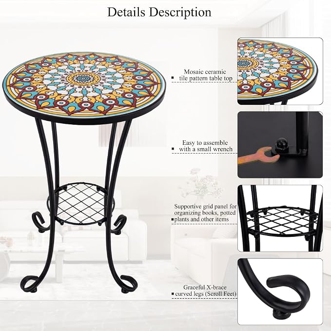 Mosaic Outdoor Side Table Small Round Patio Table Plant Stand | 21" Accent End Table with 14" Ceramic Tile Top for Small Spaces Porch Pool Garden Decor Indoor Living Room Bedroom Balcony