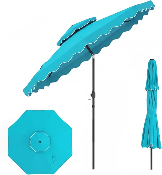 Happygrill 9 FT Patio Umbrella, Scalloped Outdoor Table Market Umbrella with Push Button Tilt & Crank, 2-Tier Vented Top, Heavy-Duty 8 Metal Ribs, Sun-Protective Canopy, Ruffle for Deck Pool Garden (Turquoise)