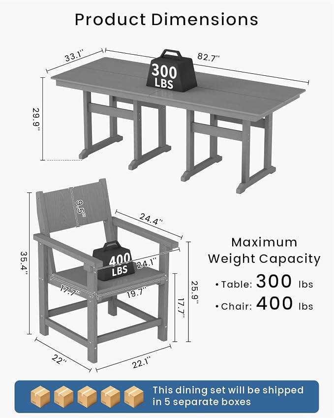 9-Piece HDPE Outdoor Dining Set, Weatherproof Patio Table and Chairs Set for 8, Includes 82.7'' Dining Table and 6 Armchairs, with Umbrella Hole (Grey)