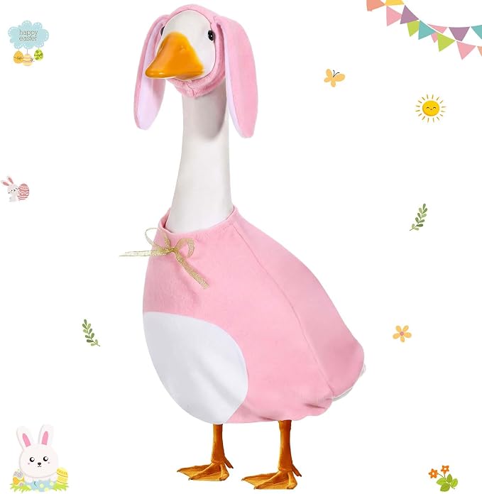 FuWeave Easter Bunny Goose Outfit for 23" Goose Costume for Cement Plastic Porch Geese Statue Spring Outdoor Garden Yard Patio Decoration, Pink