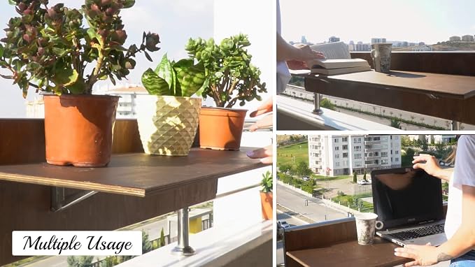 Balcony Bar Table for Railings, Outdoor Folding Deck Rail Table for Patio, Balcony Hanging Desk for Many Railings Compatible, Wooden Bar Serving Table for Porch (Grey, M: 31.5 x 11.8 inches)