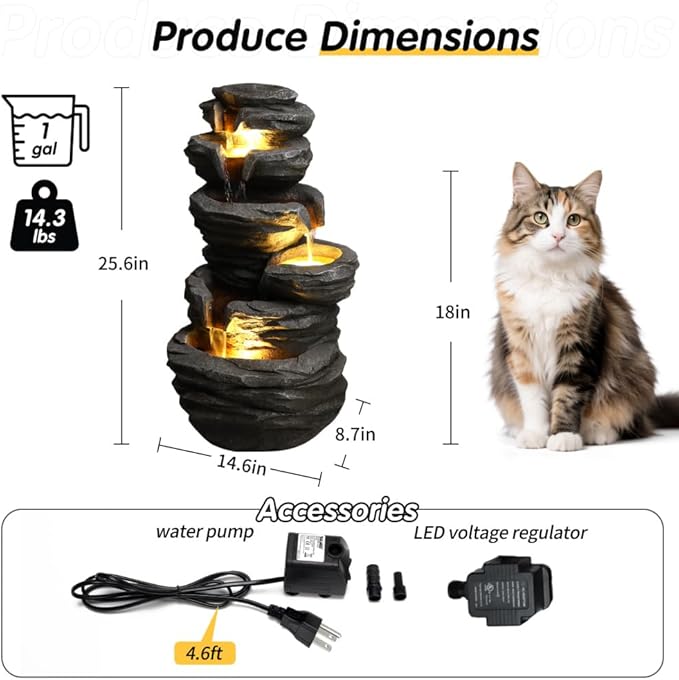 Outdoor Waterfall Fountain with LED Lights for Garden, Patio & Lawn Decor, Weather-Resistant (25.6'' H)