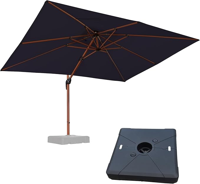PURPLE LEAF 9' X 12' Double Top Deluxe Wood Pattern Rectangle Patio Umbrella with Base Offset Hanging Umbrella Outdoor Market Umbrella Garden Umbrella, Navy Blue