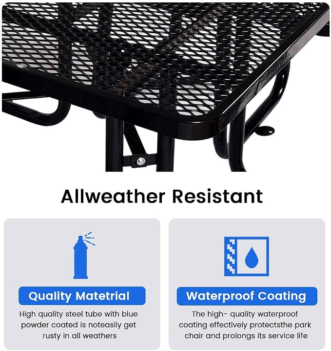46" Square Metal Picnic Table for 4-8 Person, Durable Heavy Duty Commercial Picnic Table with Umbrella Hole for Outdoor Coffee Shop, School, Hospital, Easy to Install, Black