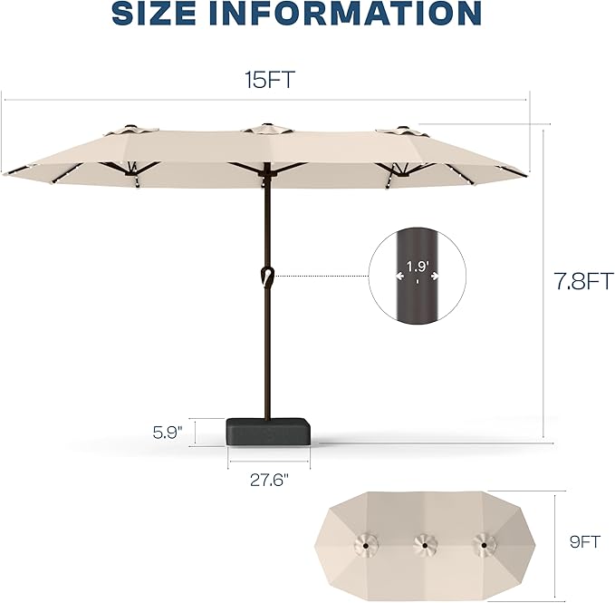 15FT Patio Umbrella with Solar Lights, Double-Sided Extra Large Outdoor Table Umbrella with Base Included, Heavy-Duty 12 Iron Ribs Market Umbrella for Garden, Pool, Backyard, Beige