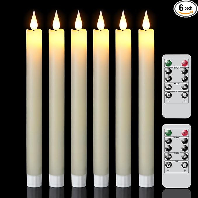GenSwin Flameless Taper Candles with 2 Remote, Set of 6 Real Wax Taper Candles Battery Operated, LED Flameless Battery Candlesticks for Halloween Home Holiday Decor