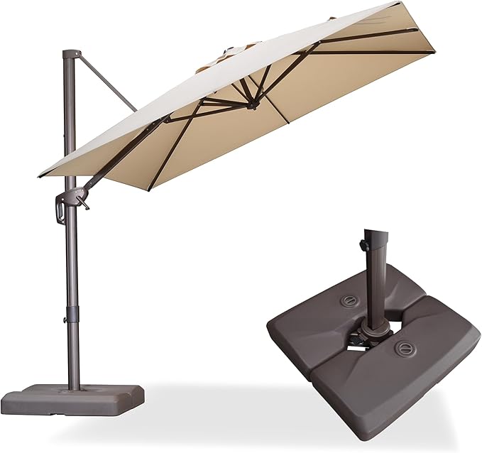 PURPLE LEAF 8' X 8' Cantilever Patio Umbrella with Base Included Antique Bronze Square Umbrella with 360° Rotation and Aluminum Offset Hanging Outdoor Umbrella for Pool Garden Backyard Deck, Beige