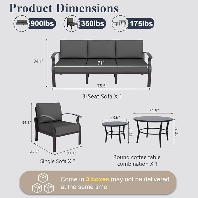 ALAULM Aluminum Patio Furniture Set with Round Coffee Tables, 5-seat Outdoor Sectional Furniture w/5.1" Cushions, Patio Conversation Set for Porch, Backyard, Poolside-Black