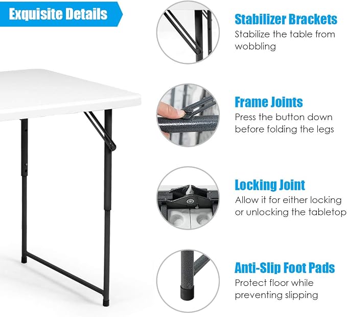 TANGZON 4FT Folding Picnic Table, 3 Adjustable Heights Camping Table with Carry Handle, Indoor Outdoor Dining Table for BBQ Catering Buffet Party, 150KG Capacity (Black Feet, 122 x 61 x 46/60/74cm)
