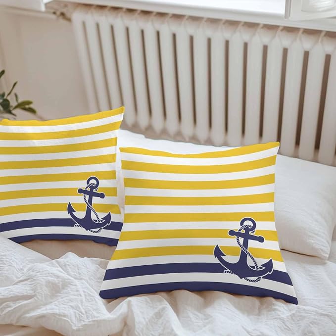 Throw Pillow Covers 18x18 Inch Set of 2, Yellow Striped Waterproof Outdoor Cushion Covers, Navy Blue Nautical Anchor Geometric Decorative Pillowcases for Couch, Sofa, Bed, Garden, Patio