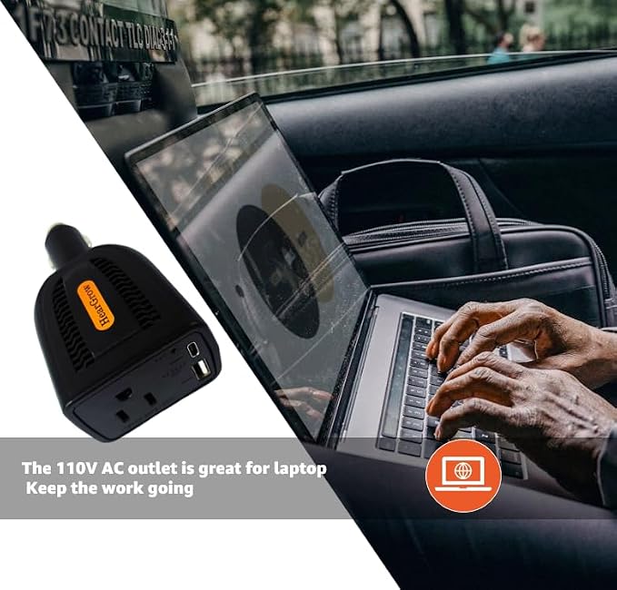 HearGrow100w Car Power Inverter, 12V DC to 110V AC Vehicles Converter with USB Ports，Plug Adapter Outlet and Fast Charging PD3.0 Type-C for Phones, Pads, Laptops and Computer Charger