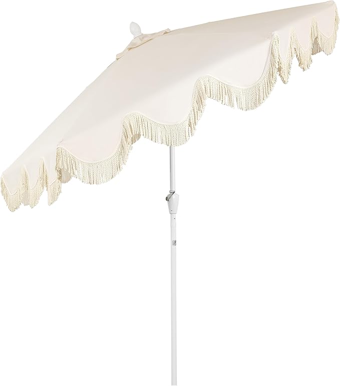 JONATHAN Y UMB1001 Collins 9 ft. Classic Cottage Tassel Market Patio Umbrella with Auto-Tilt, Crank, Wind Vent and UV Protection