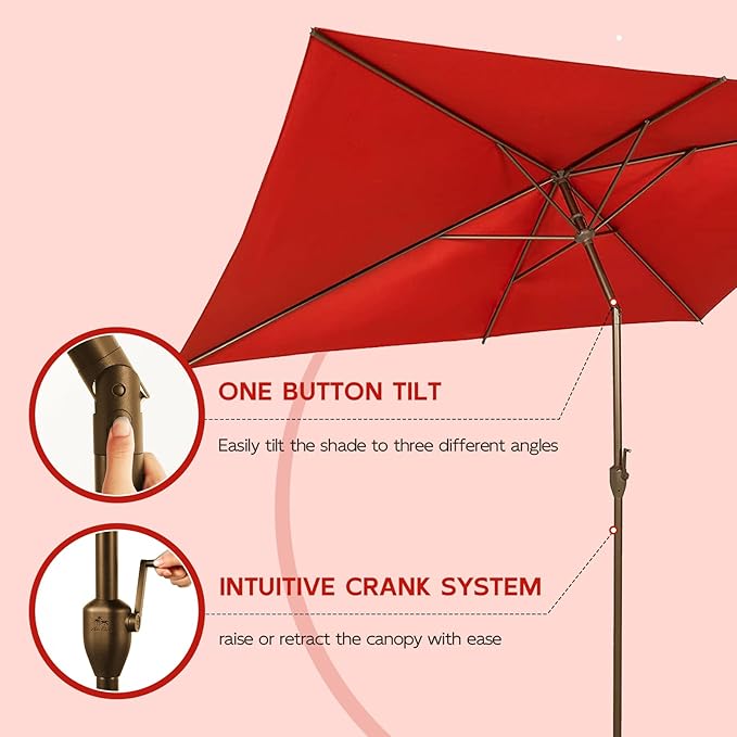 Abba Patio 6.5FT Outdoor Patio Umbrella Outdoor Table Umbrella with Crank Market Umbrella 6 Sturdy Ribs UV Protection Waterproof and Push Button Tilt for Garden Deck Backyard Pool,Dark Red