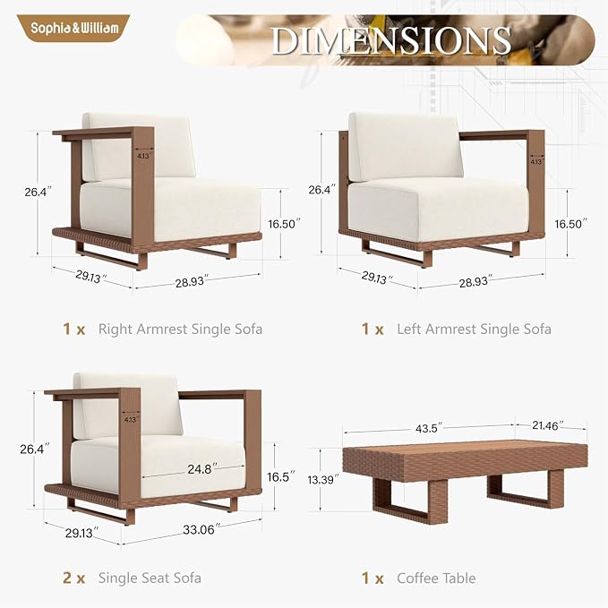 Sophia & William HDPE Patio Furniture Set，Modern Outdoor Sectional Sofa Set with 9.8" Cushions and 43.5" Wood Grain Coffee Table, Deep Seating Outdoor Conversation Set for Backyard(Beige, 5 Pieces)