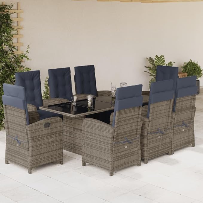 Backyard Furniture Patio Conversation Sets Outdoor Seating 9 Piece Patio Dining Set with Cushions Gray Poly Rattan Suitable for Gardens, Balconies, Decks