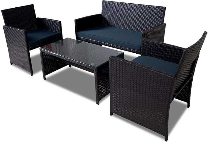 4 Pieces Patio Furniture Set,Porch Conversation Set for Garden, Outdoor PE Rattan Wicker Chairs with Cushion,Sectional Loveseat for Poolside or Backyard (Black-DarkBlue)