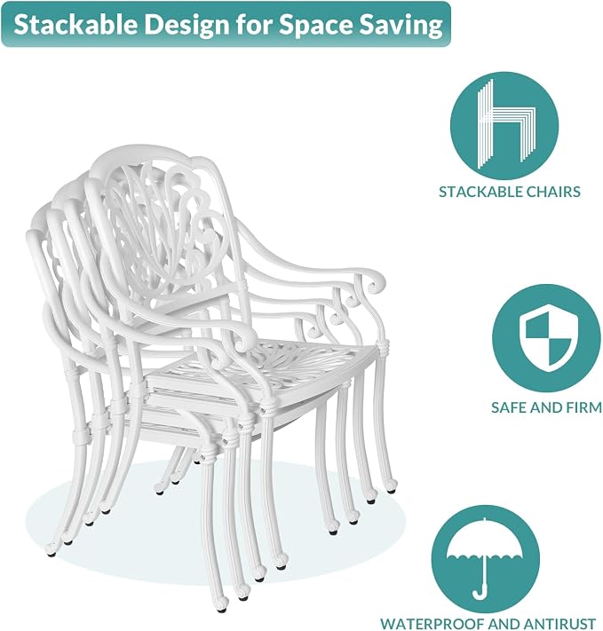 MEETWARM 7-Piece Outdoor Patio Dining Set, 6 Outdoor Dining Cushioned Chairs and 1 Rectangle Table with 2" Umbrella Hole, All Weather Cast Aluminum Patio Funiture Set for Backyard, Patio(White)