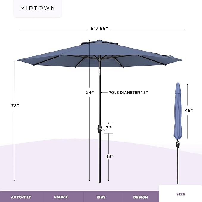Midtown Umbrellas 10-Year-No-Fade - 8 Ft - UV Proof Light Navy Polyester Fabric - Umbrella Outdoor Patio, Auto-Tilt Aluminum Frame Patio Umbrella for Garden, Pool & Deck - Black Pole