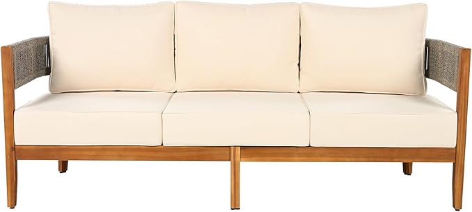 Christopher Knight Home Quixley Acacia Wood 5 Piece Patio Furniture Set, Large Wooden Patio Conversation Set with Club Chair+Coffee Table, 7-Seater Outdoor Loveseat Sofa Chair and Table Set,Teak+Beige