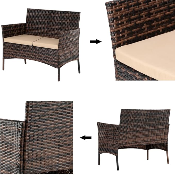 Patio Furniture Set,4 Piece Outdoor Patio Conversation Set with Cushions,All-Weather PE Rattan Sectional Patio Sofa Set with Tempered Glass Coffee Table,Brown Gradient