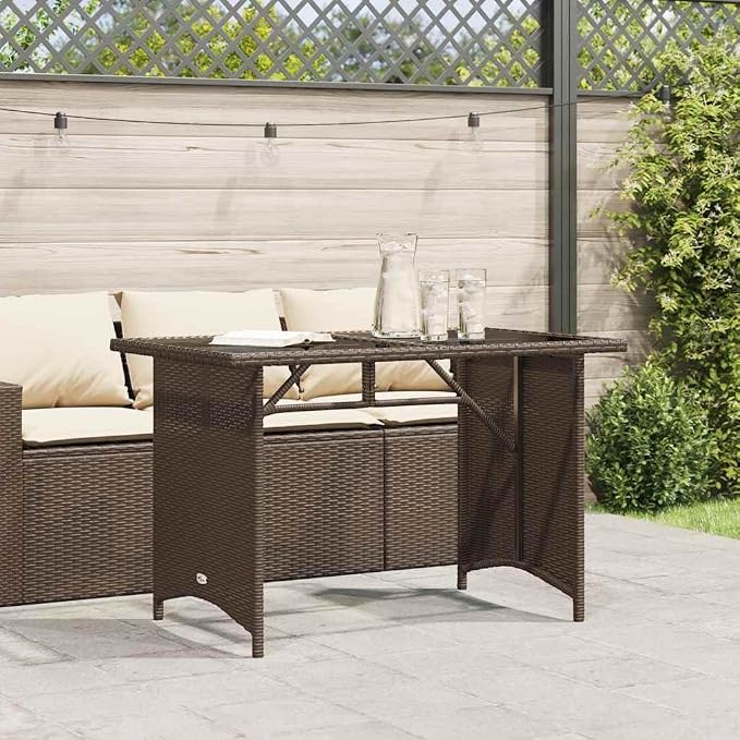 Modern Outdoor Dining Table with Tempered Glass Top and Black Poly Rattan Frame on Powder Coated Steel Base for Patio Garden