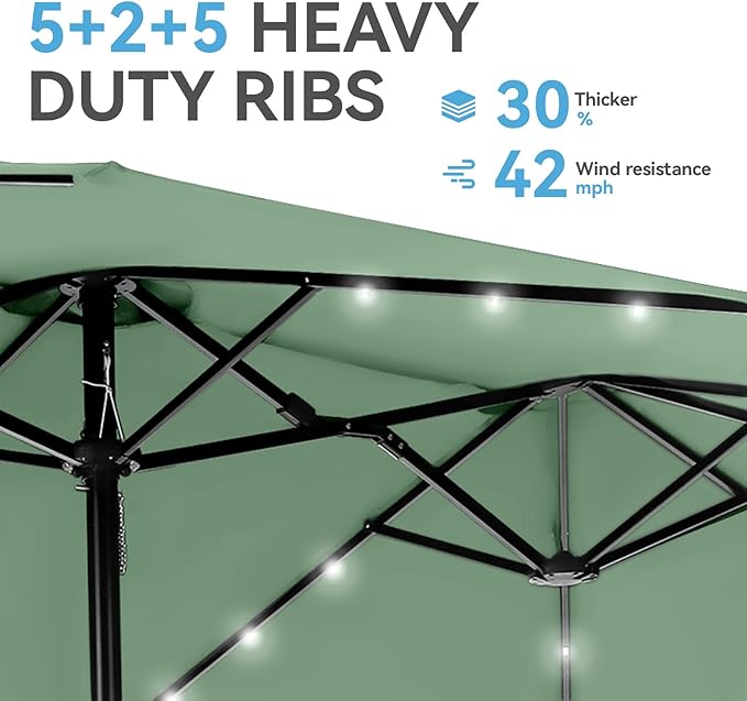 GREEN PARTY 15 ft Large Outdoor Patio Umbrella with Solar Led Lights & Base Included, Double-Sided Rectangular Table Umbrella with Stand, Market Umbrellas for Deck Poolside Garden Backyard, Mint Green
