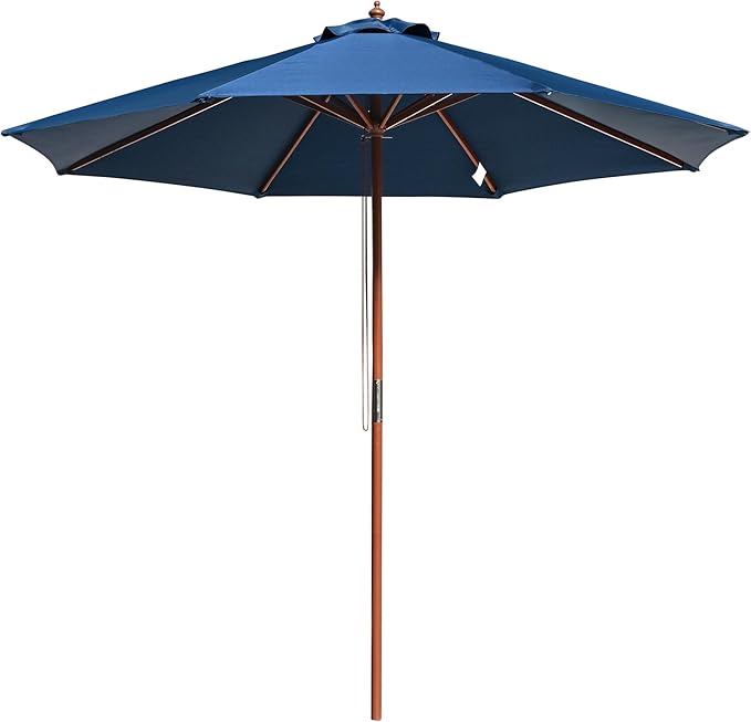 9 Ft Wooden Patio Umbrella 8 Ribs Table Parasol Rope Pulley Outdoor Garden Yard