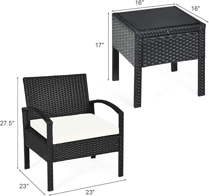 Tangkula 3 Piece Patio Conversation Set, Outdoor Rattan Sofa Set with White Seat Cushions & Coffee Table, Patio Wicker Furniture Set for Garden Balcony Backyard Poolside (Black)