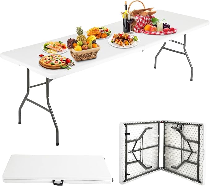 Dopinmin 8FT Plastic Camping Table Foldable Outdoor Dining Table Portable Party Table with Carrying Handle for Parties Wedding BBQ Camping Dining Kitchen,White